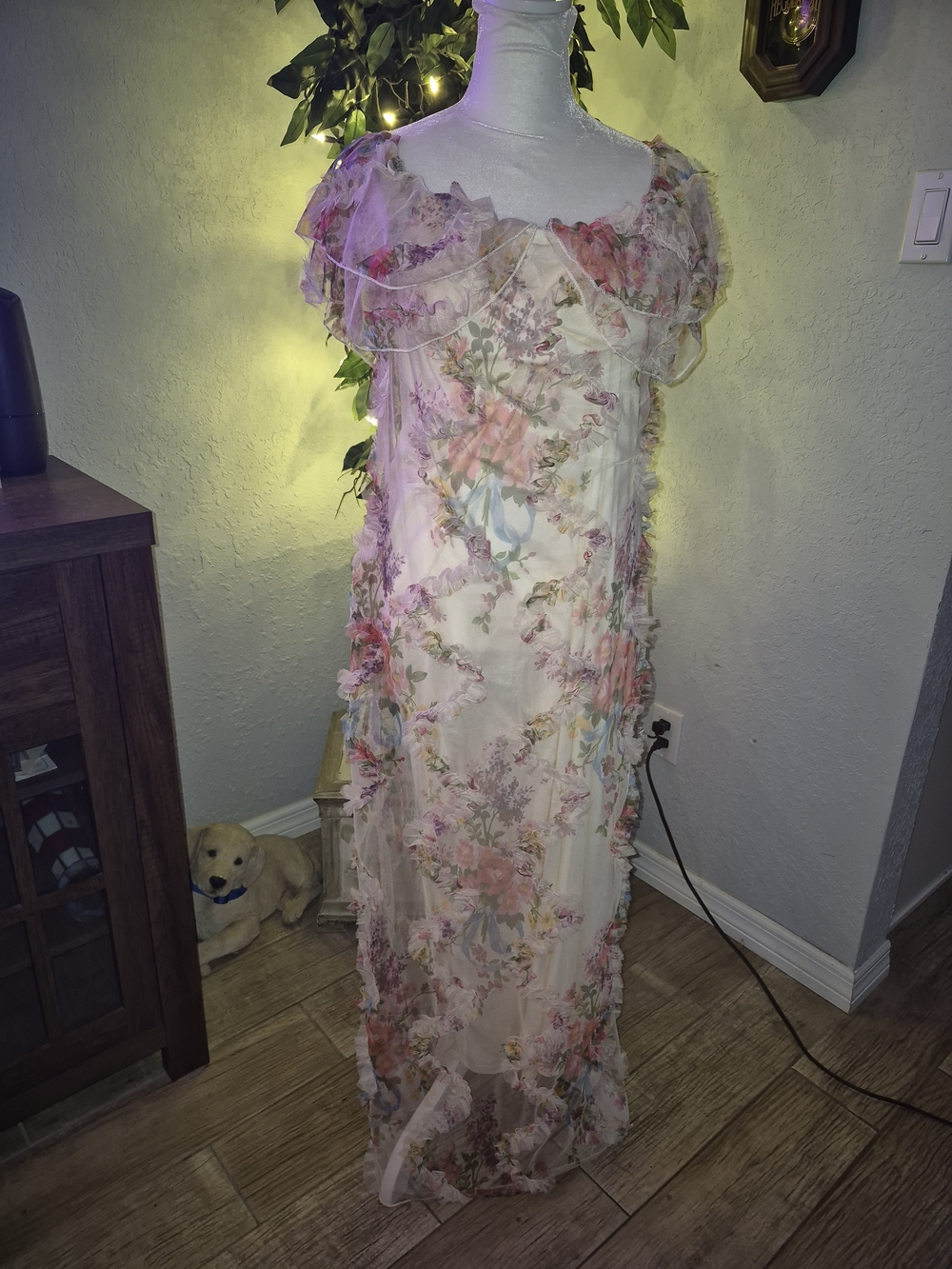 Floral Ruffle Sheer Evening Dress in Pink